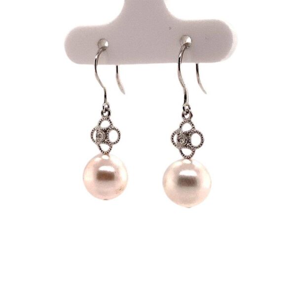 Diamond Akoya Pearl Earrings 14 KT White Gold 9.22 mm Certified $990 017530 - Picture 3 of 6